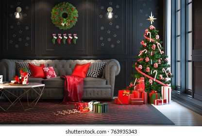 Christmas Party At Night, In Living Room - Decorations On Black Wall With A Christmas Tree And Presents Under It ,modern Classic Style, 3D Render, 3D Illustration