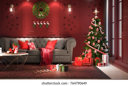 Christmas Party At Night, In Living Room - Decorations On Red Wall With A Christmas Tree And Presents Under It ,modern Classic Style, 3D Render, 3D Illustration