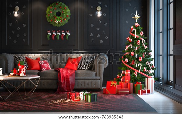 夜のクリスマスパーティー リビングルーム 黒い壁に飾り付け 下にクリスマスツリーとプレゼント モダンなクラシックスタイル 3dレンダリング 3d イラスト のイラスト素材