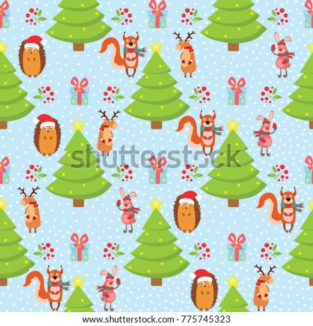 Christmas patr n on a blue background, hare, fox, hedgehog, deer  illustration Foto stock © 