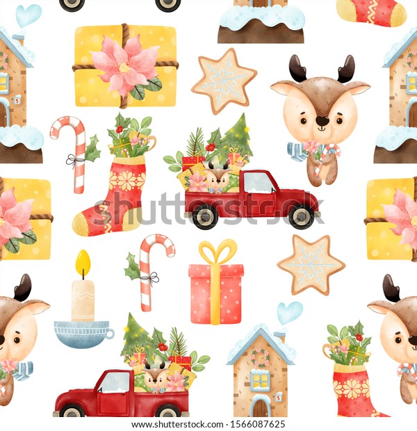 Christmas pattern with a deer, red car, gifts\
on a white\
background