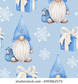 Christmas pattern with gnome in santa hat, present box and snowflake.Childish background.Winter holidays.Fabric design.Merry Christmas and Happy New Year. - Powered by Shutterstock