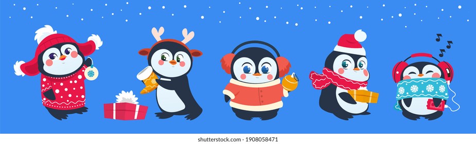 Christmas Penguin. Funny Snow Animals, Cute Baby Penguins Cartoon Characters In Winter Hat With Gift Box And Balls