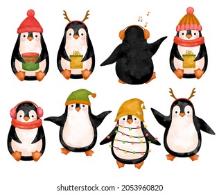 Christmas Penguins isolated on white, cute penguins in hat clipart