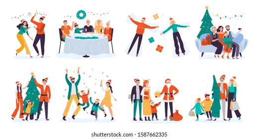 Christmas people. Winter family holidays, decorate xmas tree and home holiday dinner. Skating and skiing characters, family new year celebration. Isolated  illustration icons set - Powered by Shutterstock