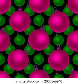 Christmas Pink And Green Balls On A Black Background. Seamless Pattern. Christmas Endless Background For The Holiday.