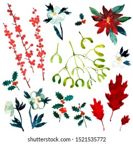 Christmas Plants Collection For Seasonal Greetings. Traditional December Decoration. Holly, Winter Roses, Mistletoe, Poinsettia, Red Oak And Possum Haw In Watercolour Isolated On White Background. 