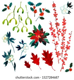 Christmas Plants Collection For Seasonal Greetings. Traditional December Decoration. Holly, Winter Roses, Mistletoe, Poinsettia, Red Oak And Possum Haw In Watercolour Isolated On White Background. 