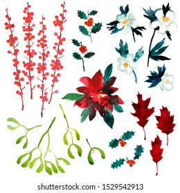 Christmas Plants Collection For Seasonal Greetings. Traditional December Decoration. Holly, Winter Roses, Mistletoe, Poinsettia, Red Oak And Possum Haw In Watercolour Isolated On White Background. 