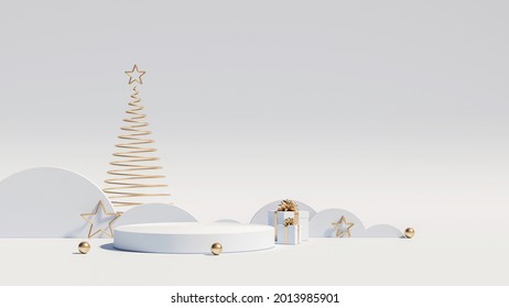 Christmas Podium For Branding And Packaging Presentation. Product Display With Gift Boxes, Christmas Tree And Snow. Christmas Showcase. Cosmetic And Fashion. 3d Illustration. 3d Render.