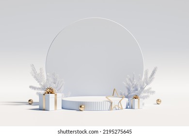 Christmas podium for branding and packaging presentation. Product display with gift boxes, christmas tree and snow. Christmas showcase. Cosmetic and fashion. 3d illustration. 3d render. - Powered by Shutterstock