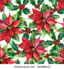 Christmas Poinsettia Seamless Pattern, Watercolor Flower