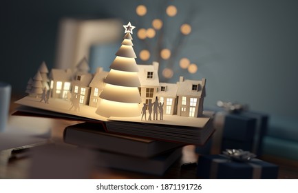 A Christmas Pop-Up Book Scenic With A Winter Village And Christmas Tree. 3D Illustration