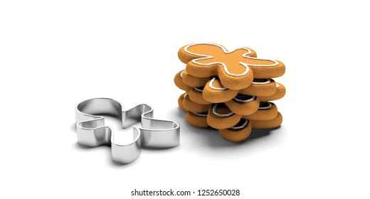 Christmas preparation, gingerbread cookies. Stack of man shaped gingerbread cookies and a cutter, isolated, against white background. 3d illustration