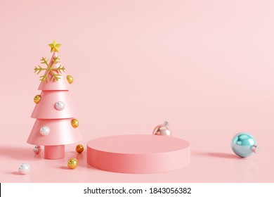 Christmas Product Display Podium On Pink Background. 3D Rendering