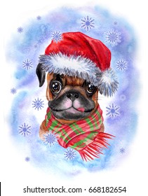 Christmas pug. Dog wearing Santa Claus hat, watercolor christmas illustration. New Year's dog - symbol of the year, print for greeting card, poster, home furnishings decor, etc.