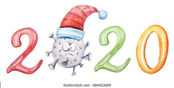 Christmas Quarantine Watercolor Clipart With Hand Painted Number 2020. Coronavirus Attacks Earth. Covid 19 In Santa's Hat. Perfect For Poster, Print, Greeting Card, Sticker, Pattern