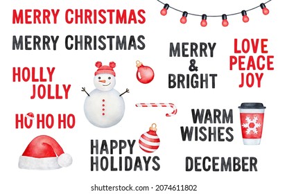 Christmas quotes and text messages decorated with cosy winter symbols: cute snowman, candy cane, Santa's hat, Christmas tree ornament, string lights, red and white coffee cup with snowflake pattern. - Powered by Shutterstock