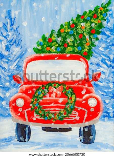 Christmas Red Car, oil\
painting.