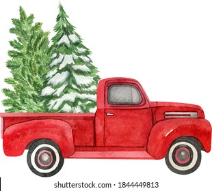 Christmas red retro truck and Christmas tree  Watercolor holiday illustration  Perfect for your Christmas   New Year project  invitations  greeting cards  wallpapers