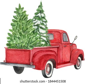 Christmas red retro truck and Christmas tree  Watercolor holiday illustration  Perfect for your Christmas   New Year project  invitations  greeting cards  wallpapers