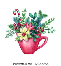 Christmas Red Tea Cup Decorated With Conifer Twigs, Flower, Candy Cane, Watercolor Illustration, Floral Decor, Conifer Twigs, Bouquet Inside Tea Cup, Holiday Clip Art Isolated On White Background