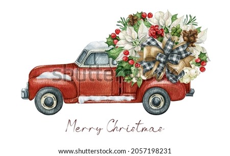 
Christmas red truck with Poinsettia flower bouquet, pine cone, holly leaves, Buffalo Plaid bow ribbon. Farmhouse vintage car, Winter rustic truck, Watercolor Xmas truck,pickup truck 
