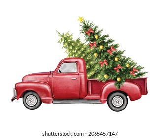 Christmas red vintage pick up and christmas tree   gifts  Hand painted watercolor illustration isilated white background
