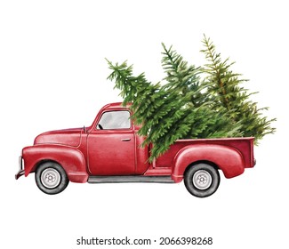Christmas red vintage pick up and christmas tree   gifts  Hand painted watercolor illustration isilated white background