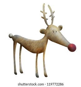 Christmas Reindeer Illustration. Funny Cartoon Reindeer Rudolph Character