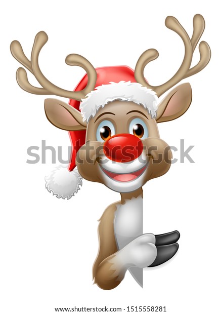 サンタハットの漫画のキャラクターが看板の周りを覗き それを指差すクリスマストナカイ のイラスト素材