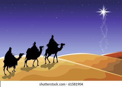 Christmas Religious Card With The Three Magi Following The Rising Star.