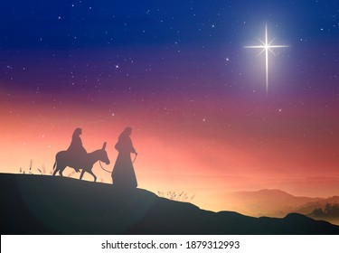 Christmas Religious Nativity Concept: Silhouette Pregnant Mary And Joseph With A Donkey On Star Of Cross Background