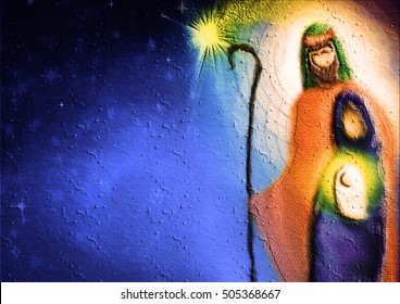 Christmas religious nativity scene, Holy family abstract artistic watercolor illustration Mary Joseph and Jesus in the starry night with copy space for text