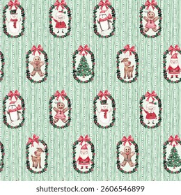 Christmas repeat pattern. Hand painted watercolor print. Green and red xmas seamless tile. Cute Christmas characters for festive textile, fabric, packaging