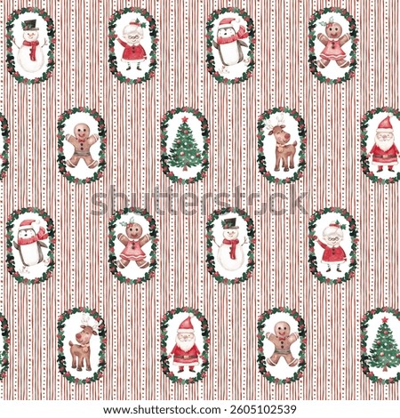 Christmas repeat pattern. Hand painted watercolor print. Green and red xmas seamless tile. Cute Christmas characters for festive textile, fabric, packaging