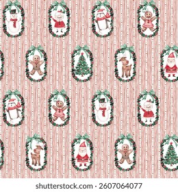 Christmas repeat pattern. Santa, mrs Claus, reindeer, snowman, penguin, xmas tree hand painted with watercolor. Xmas seamless tile. Cute Christmas digital paper for festive textile, fabric, packaging