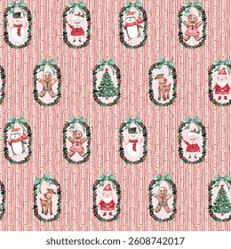 Christmas repeat pattern. Santa, mrs Claus, reindeer, snowman, penguin, xmas tree hand painted with watercolor. Xmas seamless tile. Cute Christmas digital paper for festive textile, fabric, packaging