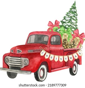 Christmas retro truck and Christmas tree  gifts   other decorations  Watercolor holiday illustration  Perfect for your Christmas   New Year project  invitations  greeting cards  wallpapers