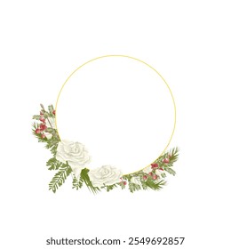 Christmas Round Banner with Golden Border, White Roses, Fir Branches, Red Lingonberries, Copy Space Watercolor Digital Illustration, Holiday Banner Composition for Printing and Web Design Winter - Powered by Shutterstock