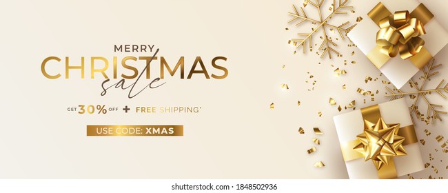 christmas sale, two premium 3D gift box with  a gift node of golden lace  and stars around and left side written merry christmas sale in a white premium background. - Powered by Shutterstock