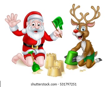 Christmas Santa Claus and red nosed reindeer cartoon characters playing on a beach making sandcastles