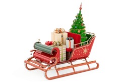 Christmas Santa Sleigh Full Of Gifts With Christmas Tree. 3D Rendering Isolated On White Background