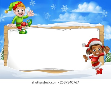 A Christmas Santas elf sign background cartoon border with two of Santa Claus elves in a winter landscape - Powered by Shutterstock