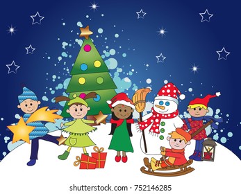 christmas scene with happy children and christmas tree - Powered by Shutterstock