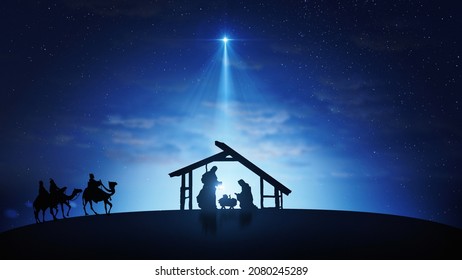 Christmas Scene with twinkling stars and brighter star of Bethlehem with nativity characters. Nativity Christmas story under starry sky and moving wispy clouds.