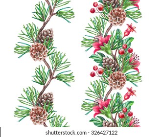 Christmas Seamless Border Design Elements, Floral Garland, Watercolor Illustration Isolated On White Background