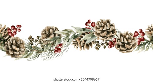 Christmas Seamless Border with pine cones, red berries, pine, cedar and eucalyptus branches. Watercolor hand painted isolated floral illustration for Christmas winter design, holiday cards, prints - Powered by Shutterstock