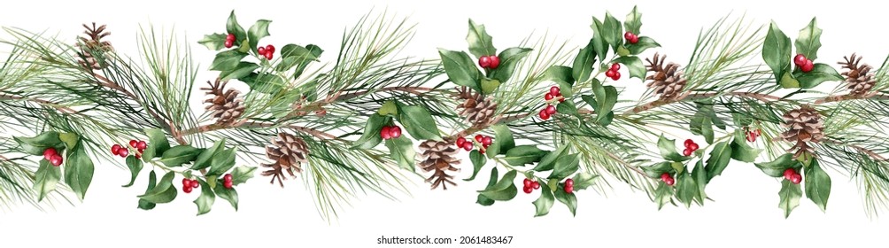 Christmas Seamless Border. Watercolor Banner. Poinsettia, Fir Branches, Cones, Ilex, Holly Berry. Holiday Illustration