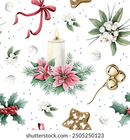 Christmas seamless pattern with candles, pink poinsettia flowers and fir tree branches in snow watercolor background for New Year holiday. Hand drawn holly plant, gold bells, red bows and cookies - Powered by Shutterstock